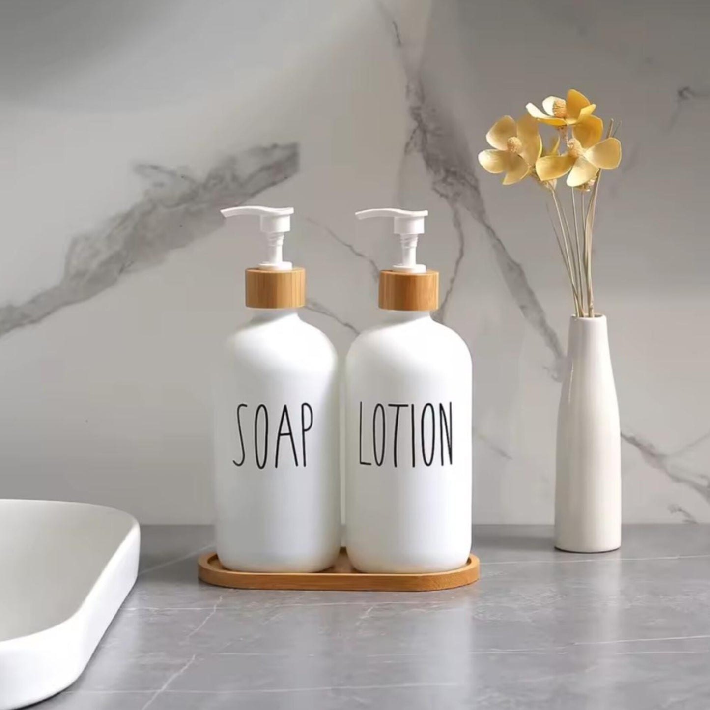 White and Black Ceramic Soap and Lotion Dispenser Set with Wooden Tray