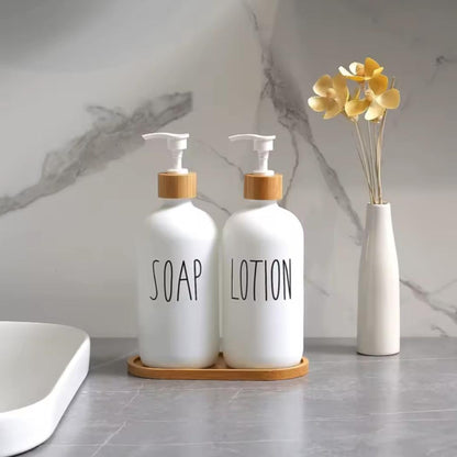 White and Black Ceramic Soap and Lotion Dispenser Set with Wooden Tray