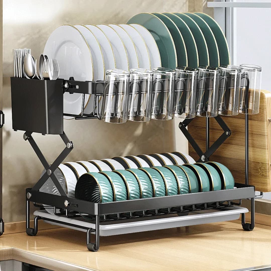 2 Tier Dish Rack with Cutlery Holder and Chopping Board Holder