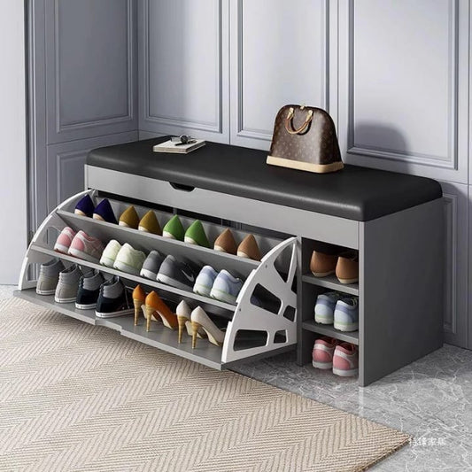 Entryway Shoe Rack Storage Bench with Flip-Down Drawers and Padded Seat