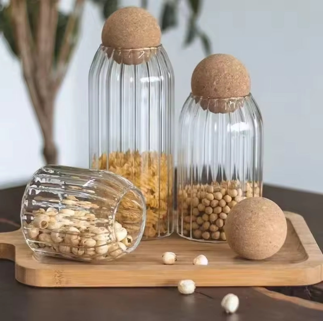 3Piece ribbed glass storage jar set