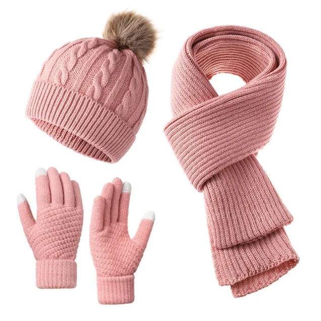 3 in 1 Adult Warm Winter Beanie Scarf Hat Set