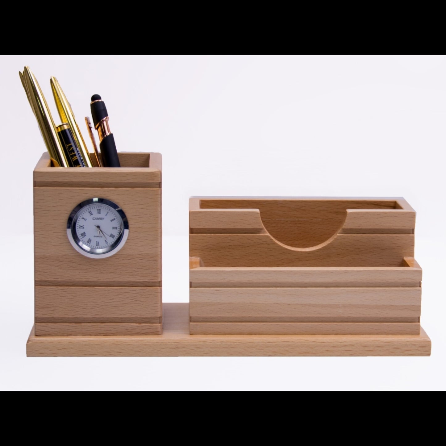 Wooden desktop organizer with clock watch