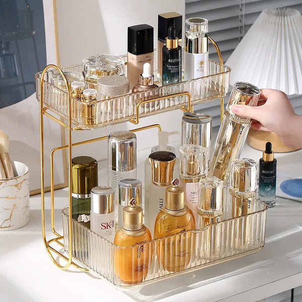 Double Layer Gold and Acrylic Vanity and Cosmetic Organizer Rack
