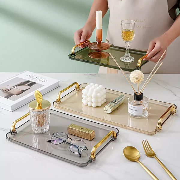 Acrylic Rectangular Storage Tray with Gold Handles