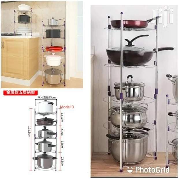 5 Layered stainless steel pans and pots stand