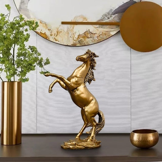 A black geometric horse statue with sharp angular details standing on a matching base.