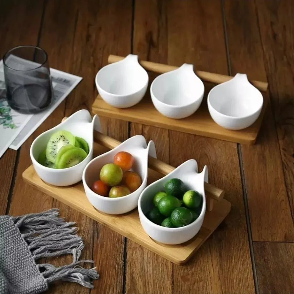 3Pcs Ceramic Soup Bowl Set with Wooden Stand