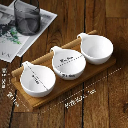 3Pcs Ceramic Soup Bowl Set with Wooden Stand