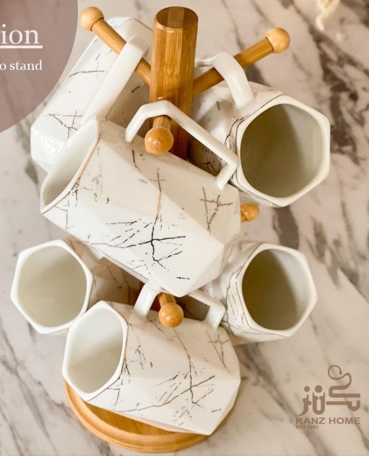 Classy 6Pcs Ceramic Mugs With Bamboo Stand