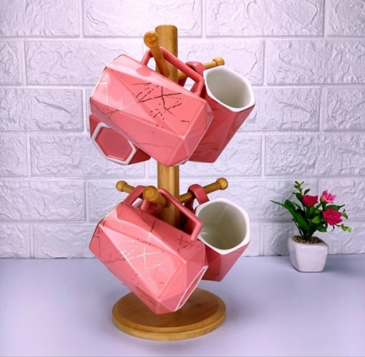 Classy 6Pcs Ceramic Mugs With Bamboo Stand