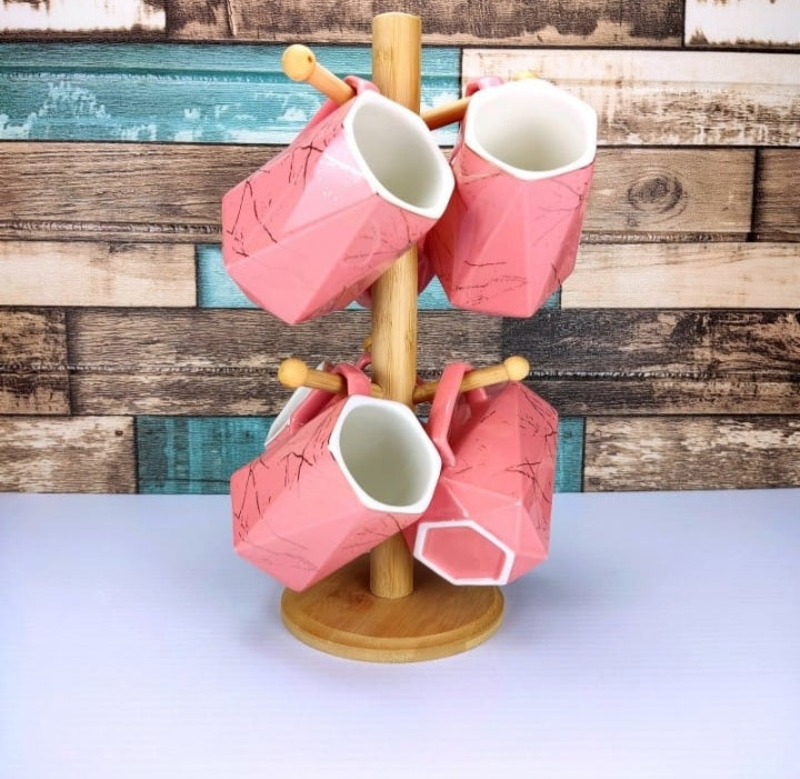 Classy 6Pcs Ceramic Mugs With Bamboo Stand