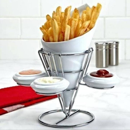 French Fry Cone Holder Serving Set With Dip Bowls Ceramic