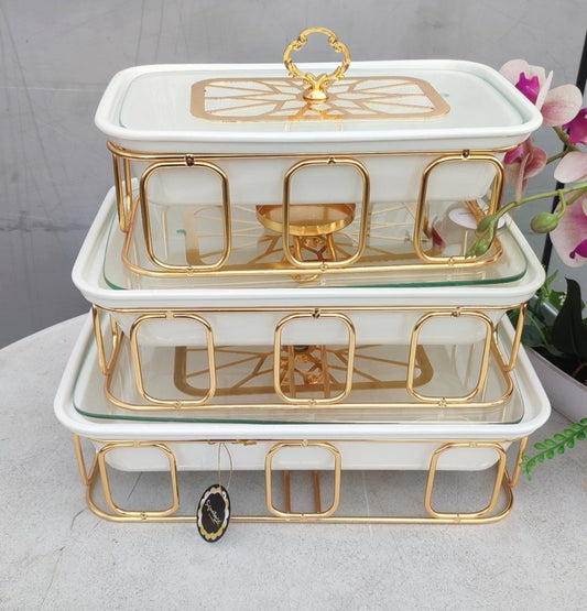 Set of 3 Food Warmers with Gold Stand