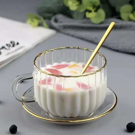 Glass Cup and Saucer with Gold Ring