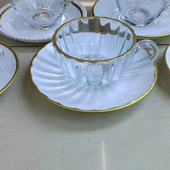Glass Cup and Saucer with Gold Ring
