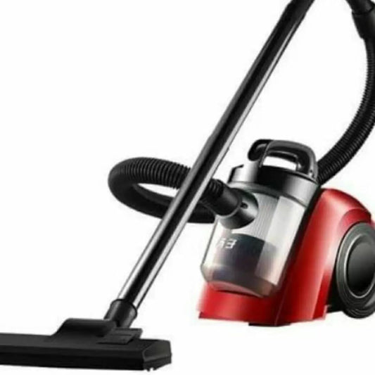 A red and black canister style dry vacuum cleaner with a black hose, long metal wand, and floor brush head.