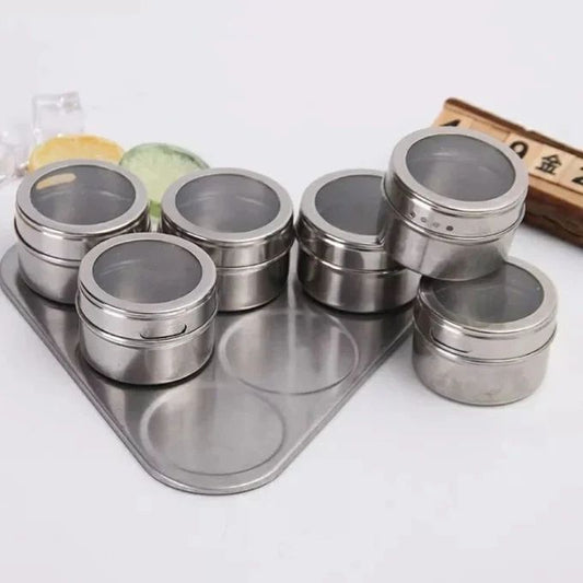 Magnetic Steel Round Spice Jars -6Pc