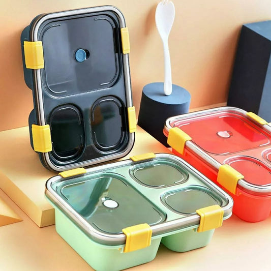 Three compartment stainless steel lunch boxes with clear lids and side clips