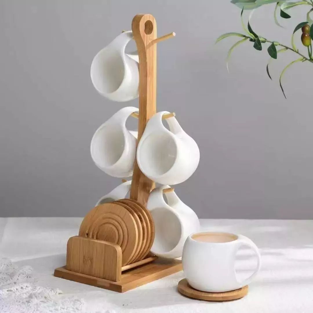 6Pc Ceramic Cups With Wooden Stand And 6 Coasters