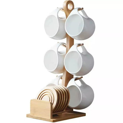 6Pc Ceramic Cups With Wooden Stand And 6 Coasters