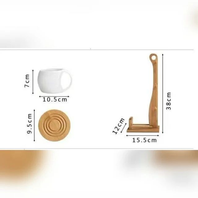 6Pc Ceramic Cups With Wooden Stand And 6 Coasters