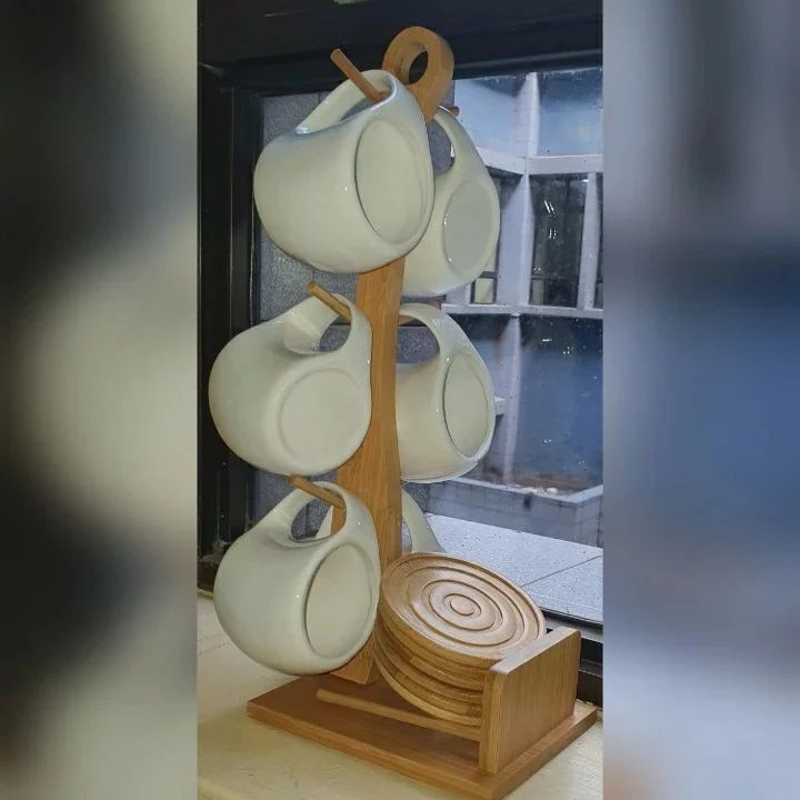 6Pc Ceramic Cups With Wooden Stand And 6 Coasters
