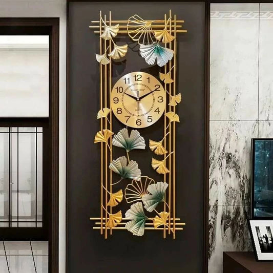 Golden metallic silent metallic wall clock with Ginkgo Leaf